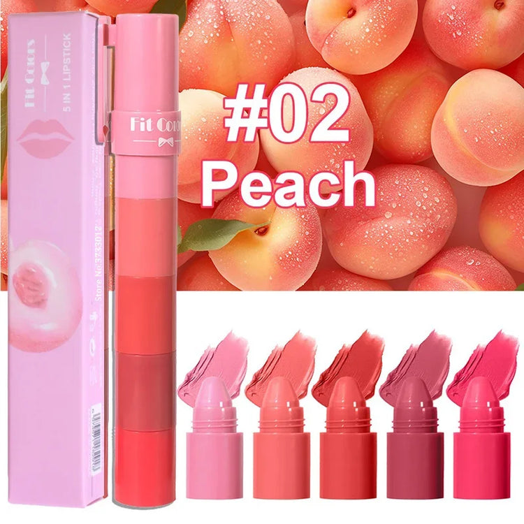 5In1 Combination Peach Matte Lipstick Kit Waterproof Non-Stick Cup Purple Red Lip Stain Tint Cosmetic Nude Lipstick Pen Makeup