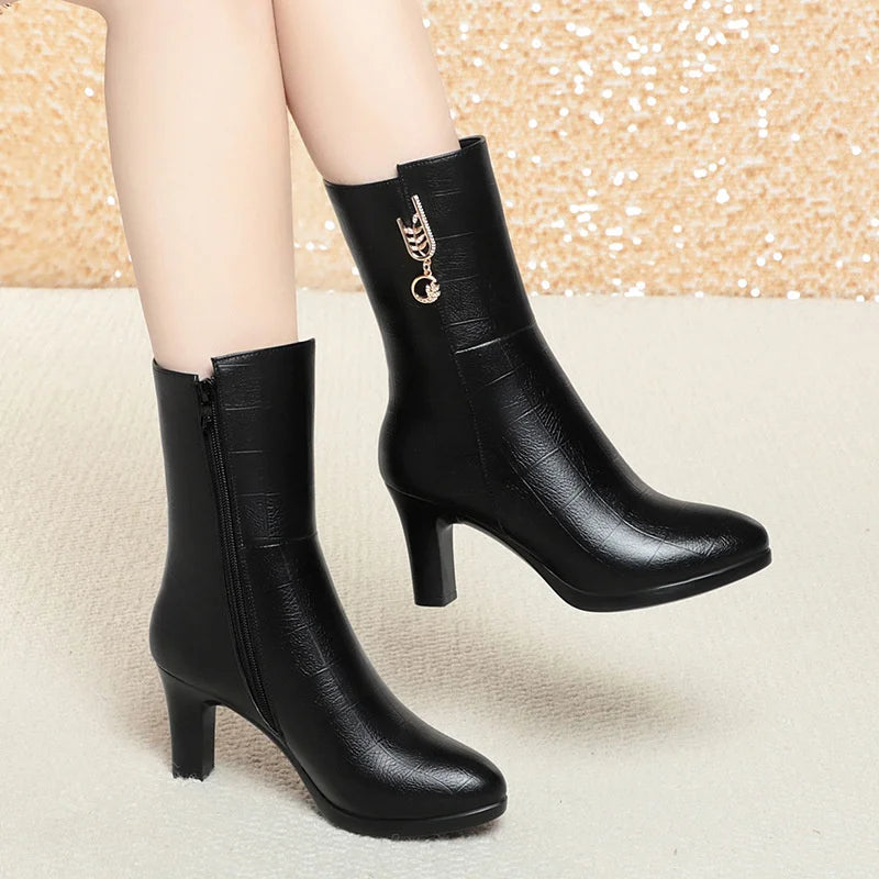 Women's Autumn Winter Fashion Leather Boots Warm High-heeled Plush Trend Mid-calf Zipper Round Head Mother Cotton Boots Outdoor