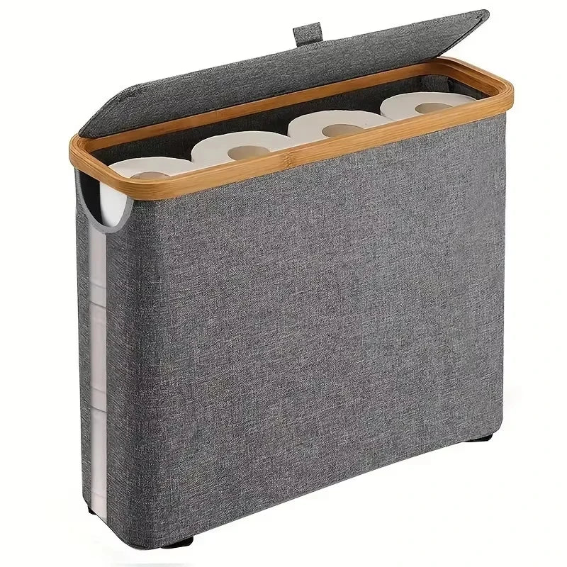 1 Storage Basket, Storage Shelf, Large Paper Holder, 12 Rolls of Toilet Paper, Storage Rack with Lid, Oxford Cloth + Bamboo Stor
