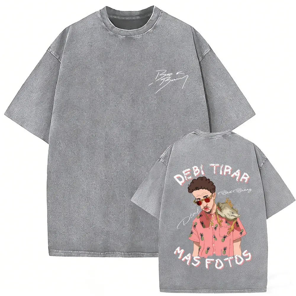 Rapper Bad Bunny Vintage Washed T Shirts Fans Gift Debi Tirar Mas Fotos DTMF Merch T-shirt Men's Women Hip Hop Fashion T-shirts