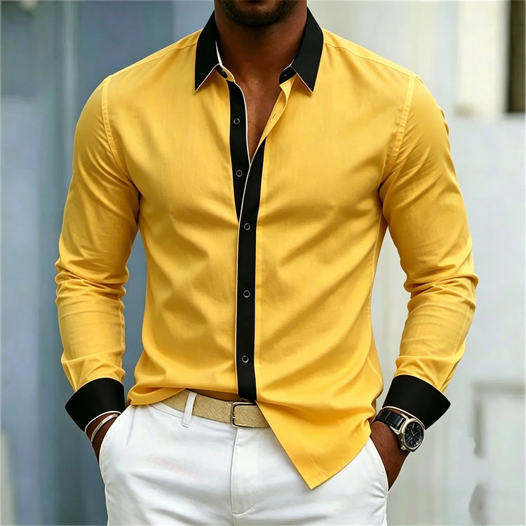 Men's Shirt Black And White Contrasting Splicing Men's Lapel Long Sleeved Shirt Slim Fit Business Casual Men's Top Size