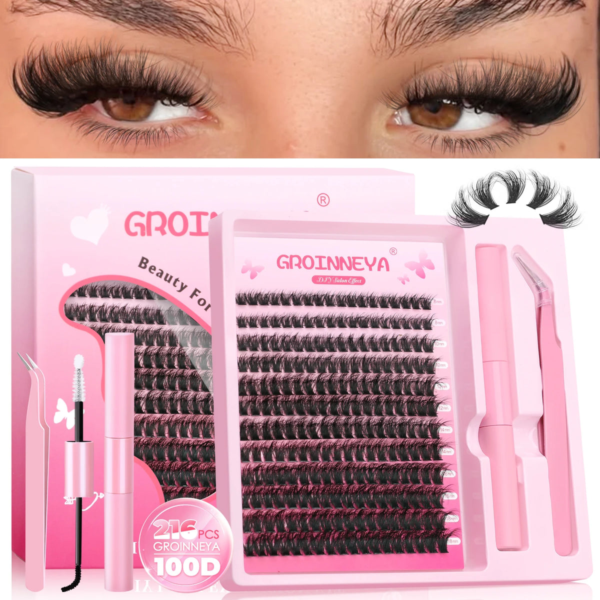 GROINNEYA DIY Lash Clusters Kit Thick Fluffy Cluster Lashes Full Set Lashes Extension with Lash Bond&Seal Individual Eyelashes