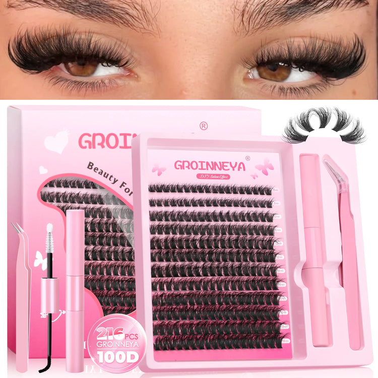 GROINNEYA DIY Lash Clusters Kit Thick Fluffy Cluster Lashes Full Set Lashes Extension with Lash Bond&Seal Individual Eyelashes