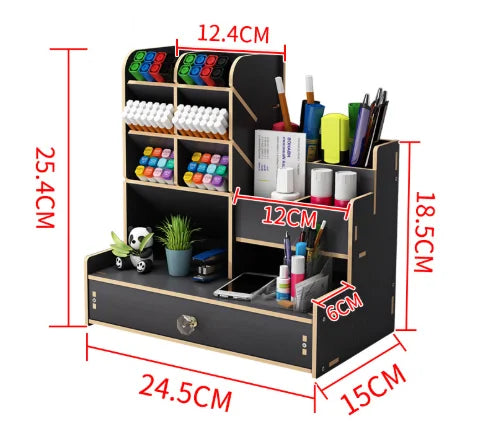 Wooden Desk Organiser DIY Desktop Tidy Pen Holder Large Capacity Stationery Storage Box with Drawer for Home Office and School