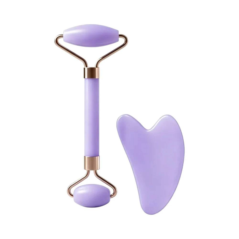 Dual Size Facial Massage Kit Double End Roller Heart Shape Gua Sha Board Skin Lifting Puffiness Reducing Home Spa Beauty Tool