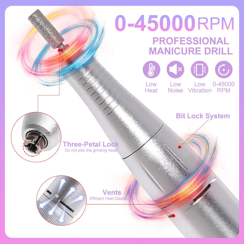 45000RPM Rechargeable Nail Drill Machine with LCD Low Noise Professional Nail Polish Sander Nails Accessories Set