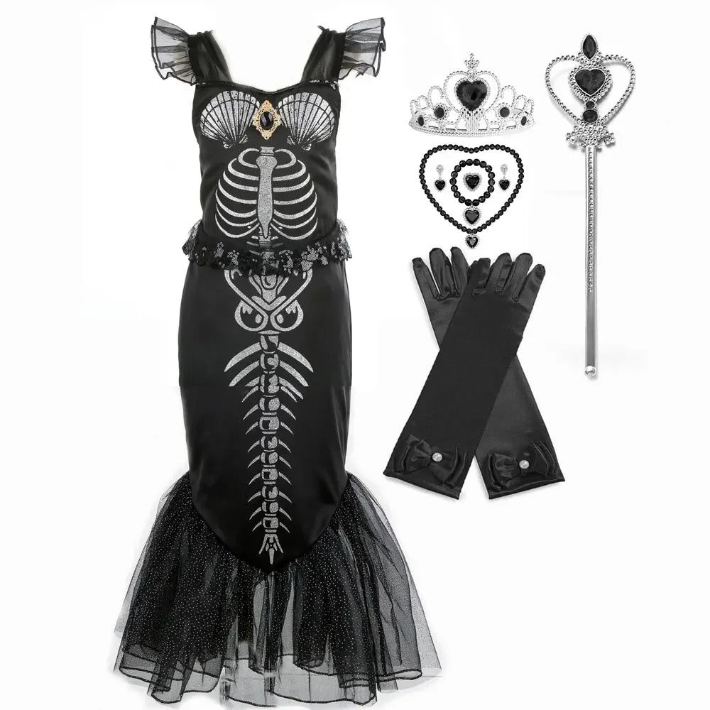 New Skeleton Little Mermaid Halloween Horror Costume Ariel Princess Costume Kids Birthday Party Prom Dress For Girls