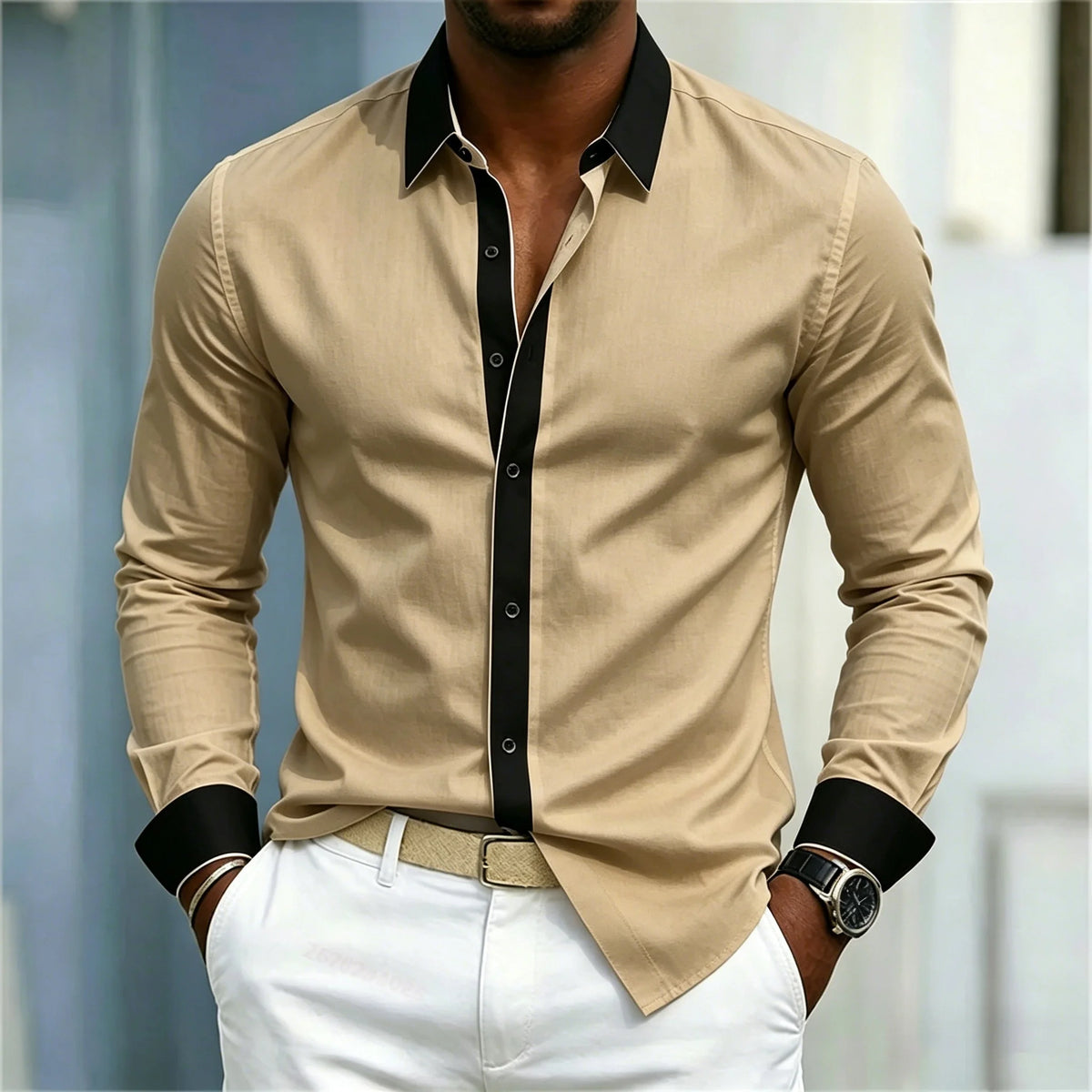 Men's Shirt Black And White Contrasting Splicing Men's Lapel Long Sleeved Shirt Slim Fit Business Casual Men's Top Size