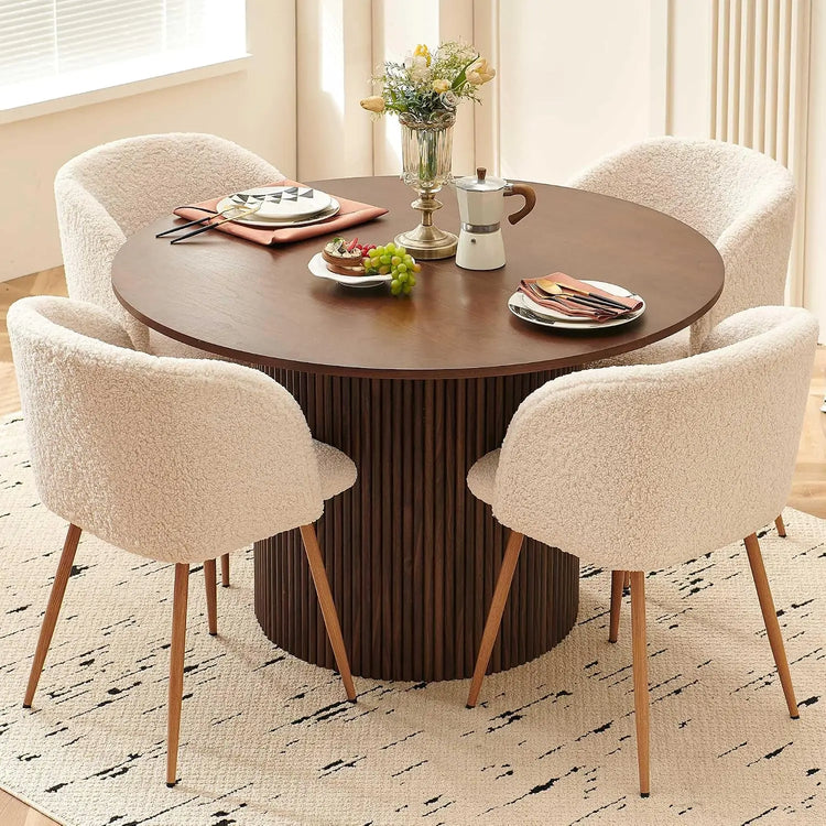 5 Piece 47-inch Round Dining Table Set for 4, Rustic Walnut Dinner Table with Upholstered Sherpa Dining Room Chairs, Customized