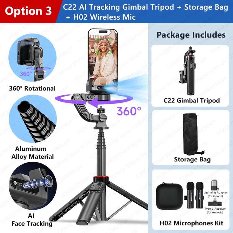 C22 AI Face Tracking Handheld Gimbal Stabiliser 360° Rotation Shoot Selfie Stick Tripod for Mobile Phone, 1/4'' Screw for Camera