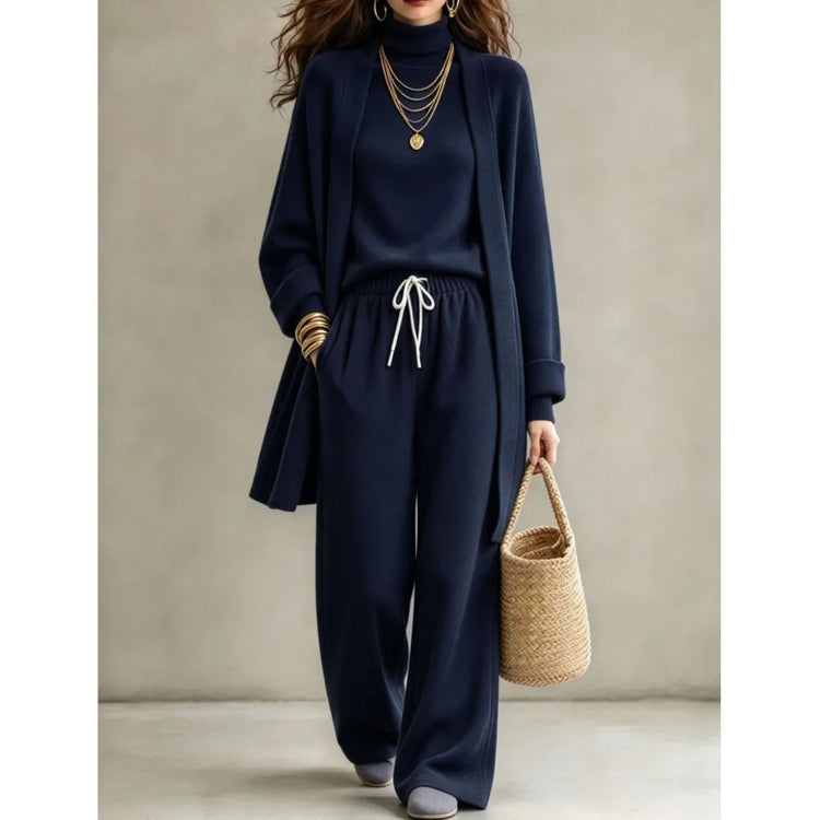 Autumn Winter New Fashion Double-sided Velvet High Collar Base Shirt Long Coat 3-piece Set Women's Casual Warm Wide Leg Suit2026