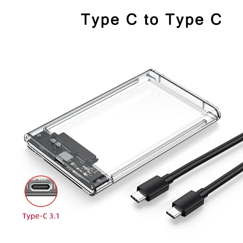 Transparent HDD Case HDD Enclosure 2.5 Inch SSD SATA To USB 2.0 Type-C Adapter Portable External Hard Drive Box Tool-Free