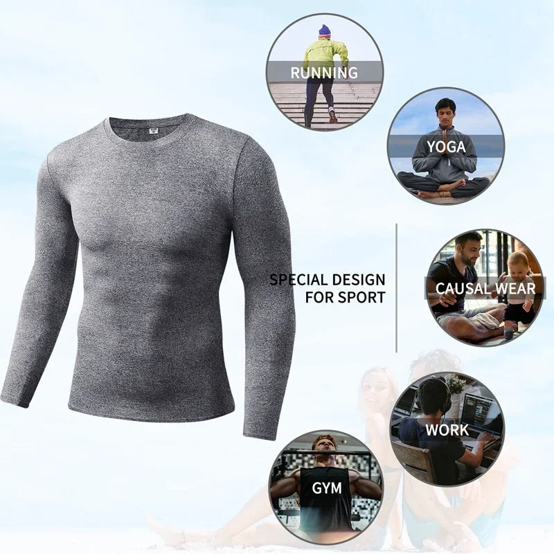 1pcs Men's Long-sleeved Thermal Underwear Male Thin Tight Fitting Fast Dry Elastic Fitness Tops Man Autumn Winter Sprots Wear