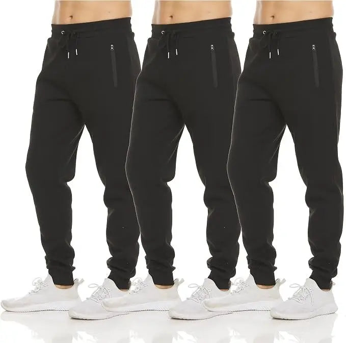 HUGE HILL 3 Pack Men's Fleece Lined Joggers Loose Fit Wide Leg Sweatpants with Zip Pockets S-3XL