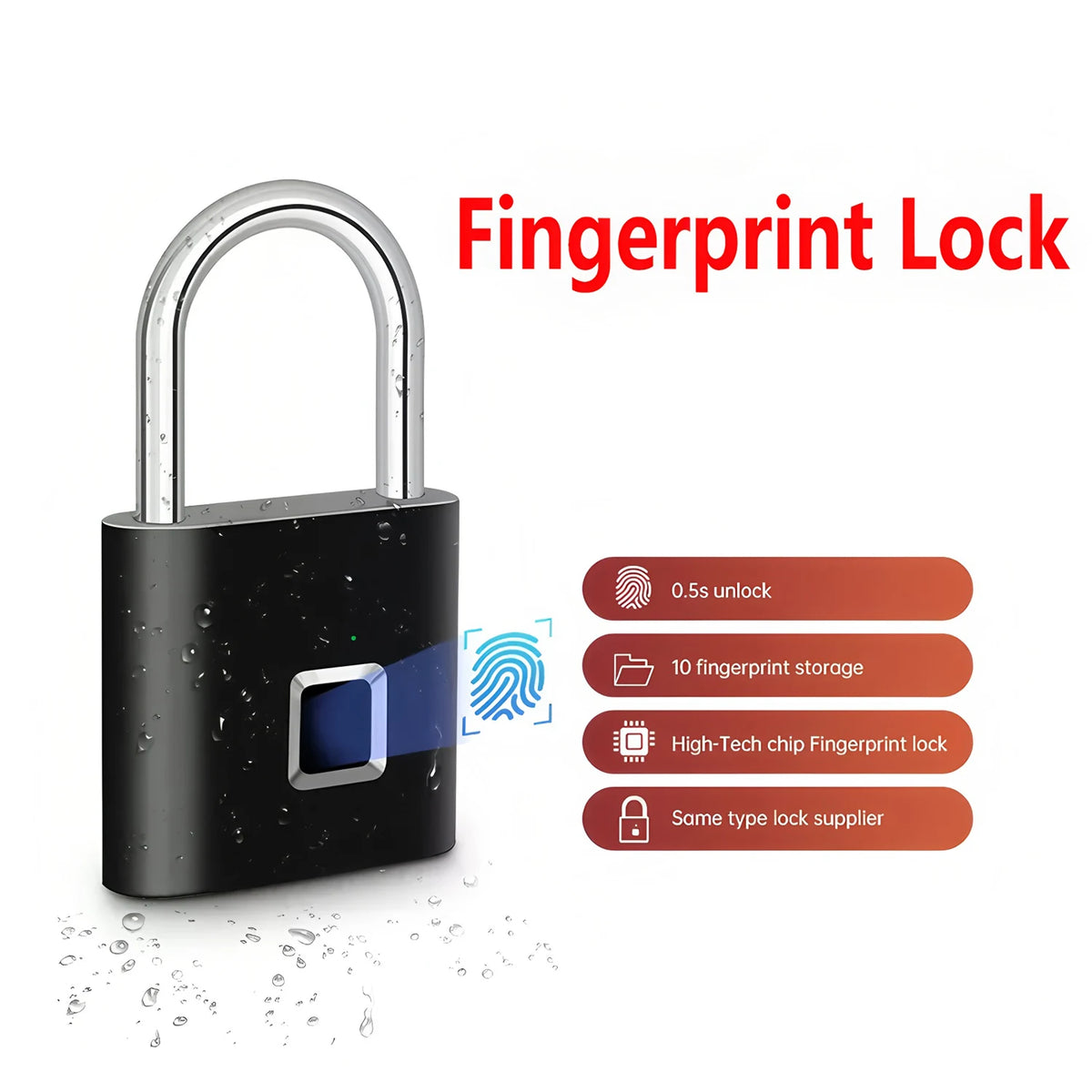 Smart Fingerprint Padlock Waterproof Fingerprint Keyless Door Lock Type C Rechargeable Security Padlock for House