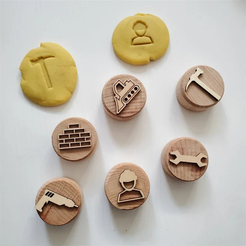 Kids Montessori Wooden Play Dough Stampers Tools Weather Insect Nature Stamps Playdough Fun Activity for Children Sensory Toys