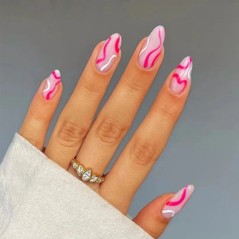 24Pcs French False Nails Almond Fake Nails with Glue Press on White Edge Design Wearable Simple Ins Pink Stiletto Nail Tips