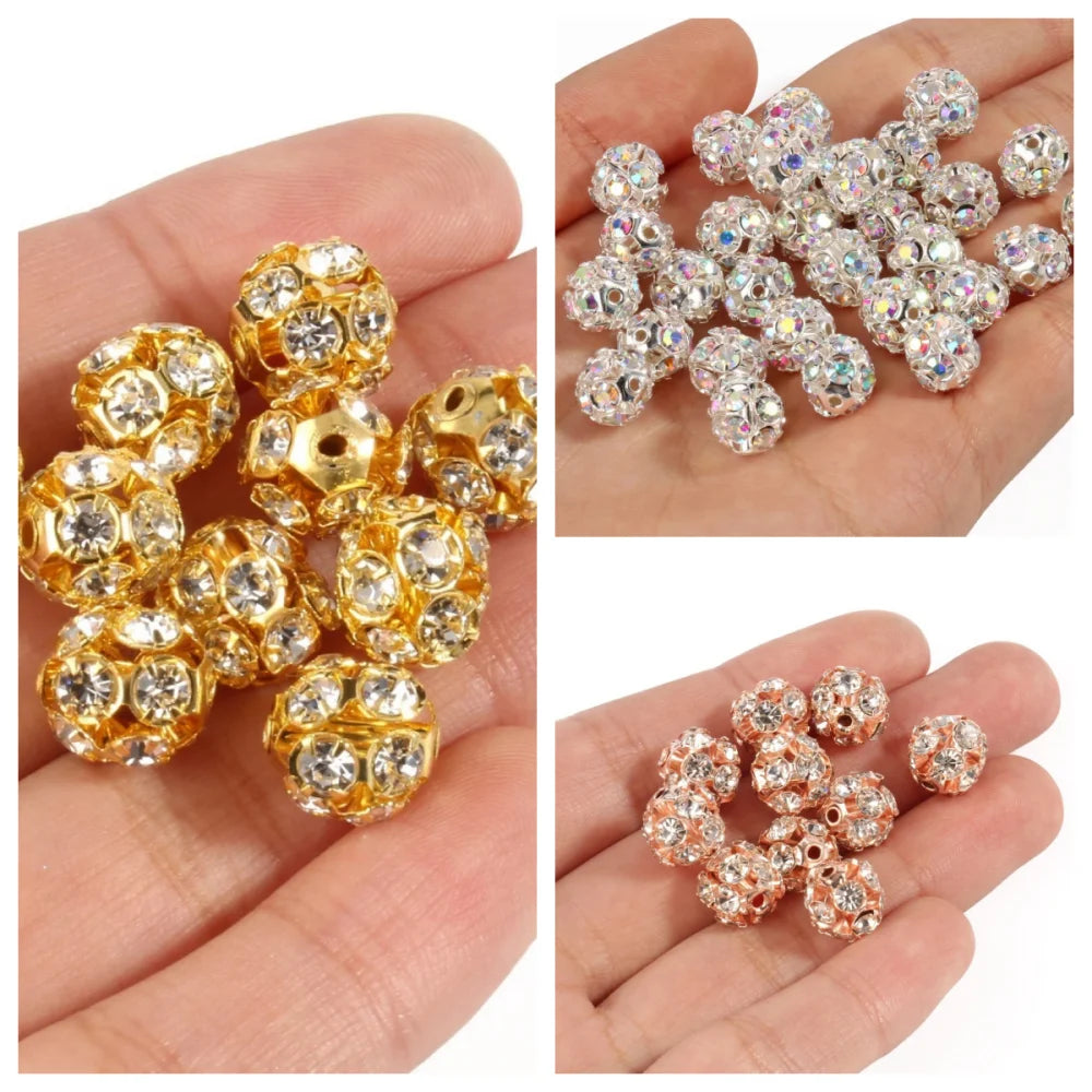 50pcs 6mm AB Color Metal Crystal Beads Rhinestone Ball Shape Loose Beads for Jewelry Making DIY Gift Bracelet Accessories