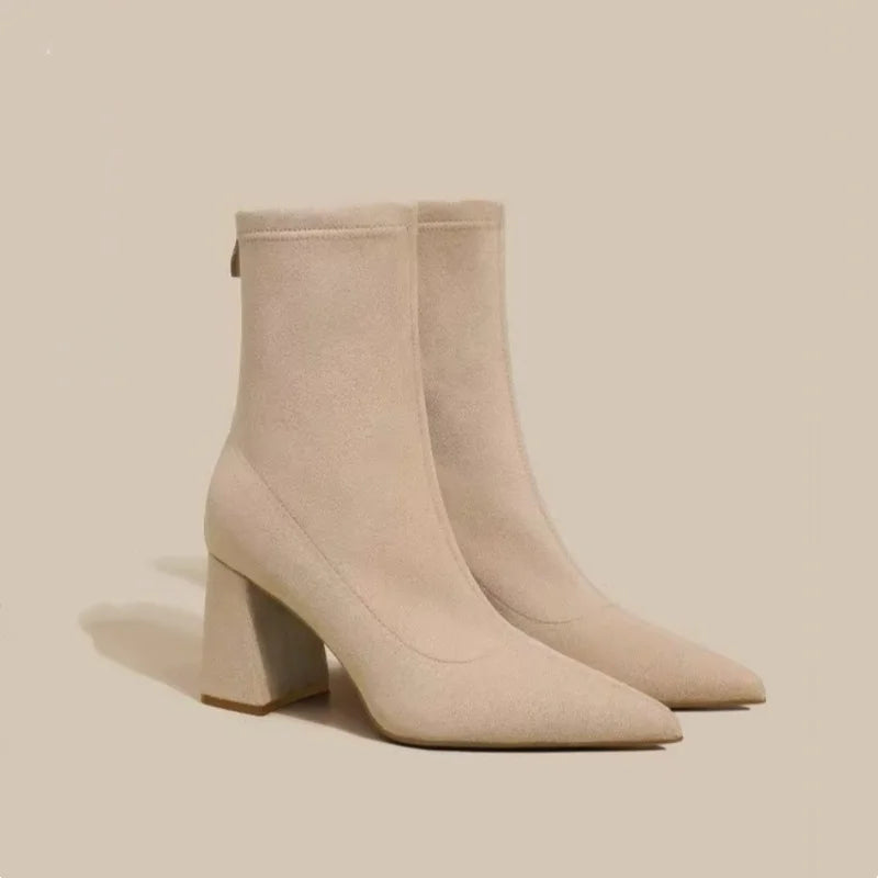 Elegant Plus Size Winter Boots Pointed Toe Suede Comfortable Square Heel Casual Work Booties for Women Fashionable New Style Hor