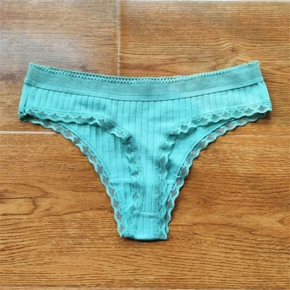 3pcs Ruffles Lace Low Waist Ribbed Cotton Thong Solid Color Women G-string Underwear Seamless Girls Tanga T-pants