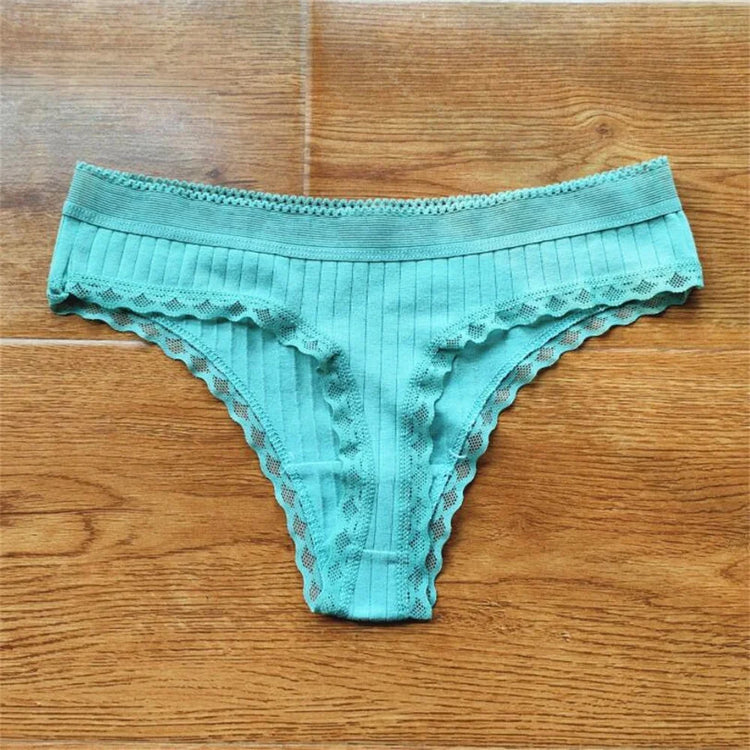 3pcs Ruffles Lace Low Waist Ribbed Cotton Thong Solid Color Women G-string Underwear Seamless Girls Tanga T-pants