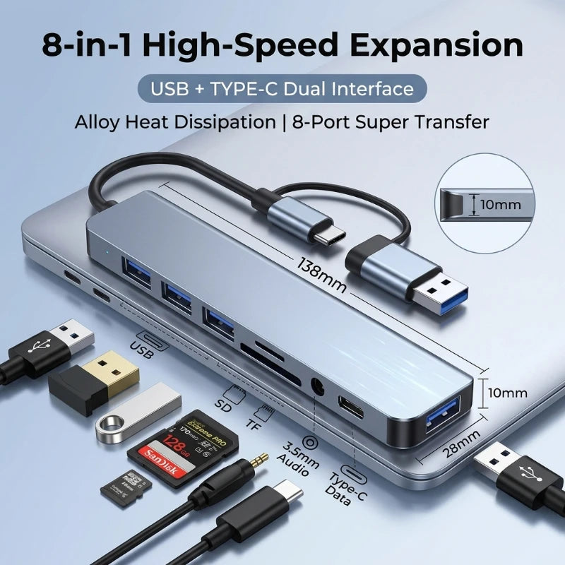 8 In 1 USB C Hub Expander Multiport Adapter Type C Splitter Dock USB 3 Port For Xiaomi Phone Tablet Fast Data Transfer Charging