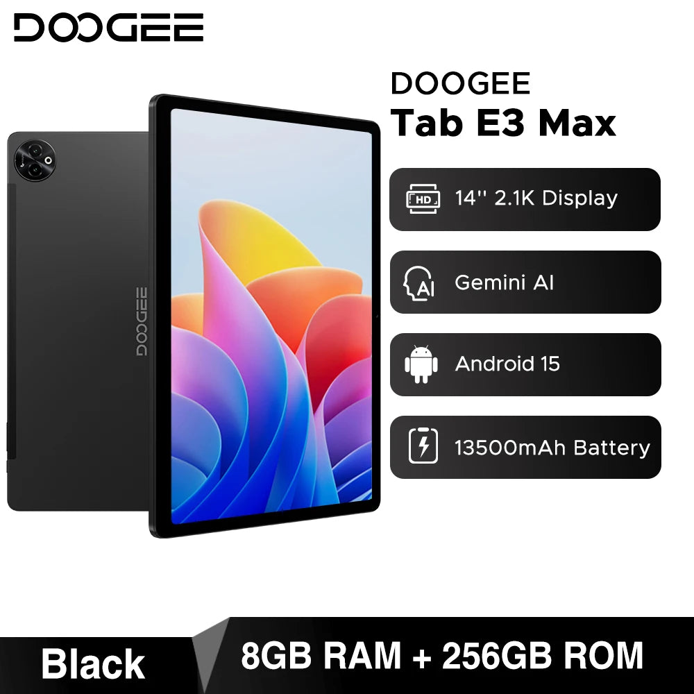 Global Version DOOGEE Tab E3 Max Tablet PC Android 15 Gemini AI 14'' 2.1K Screen 8GB RAM 256GB 13500mAh Large Battery Smart Pad