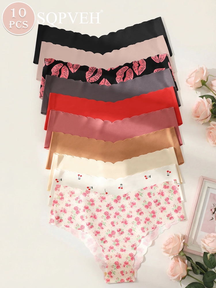 10pcs Women Seamless Wavy Edge Breathable Comfortable Soft Fabric Sexy Triangle Panties