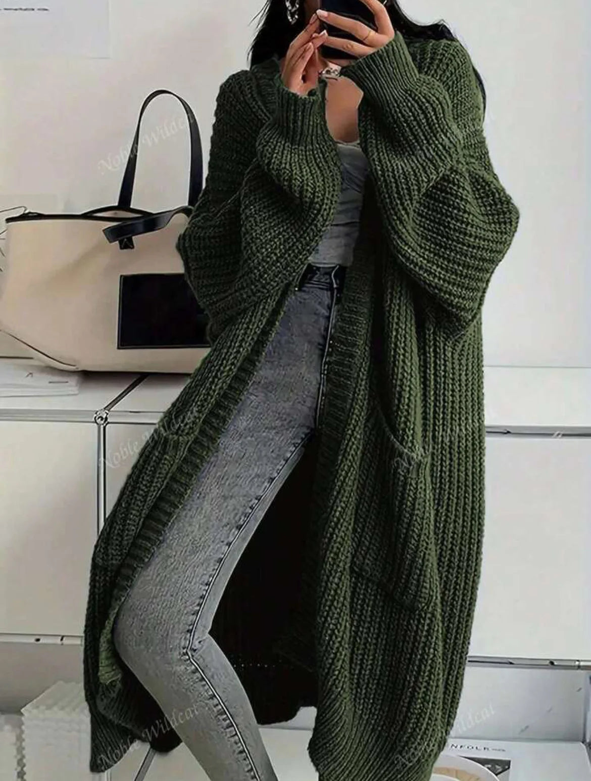 Women Oversized Maxi Cardigan Knitted Sweater Coat With Pockets Autumn Winter Casual Loose Long Sleeve Sweater Outwear Ladies