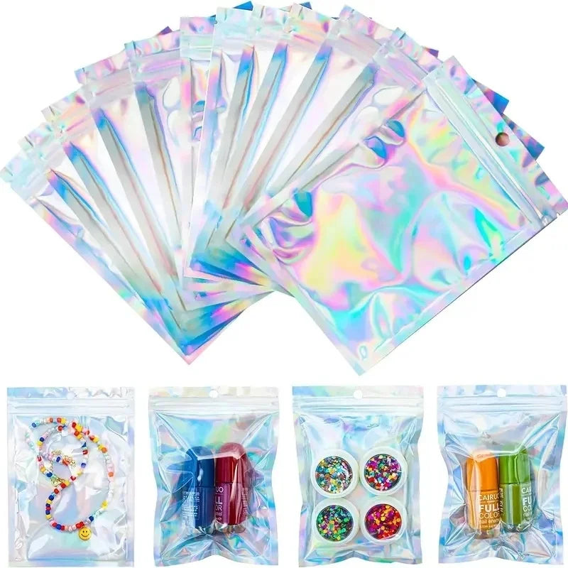 Holographic Resealable Ziplock Mylar Bags For Candy Tea Jewelry And Beauty Item Storage