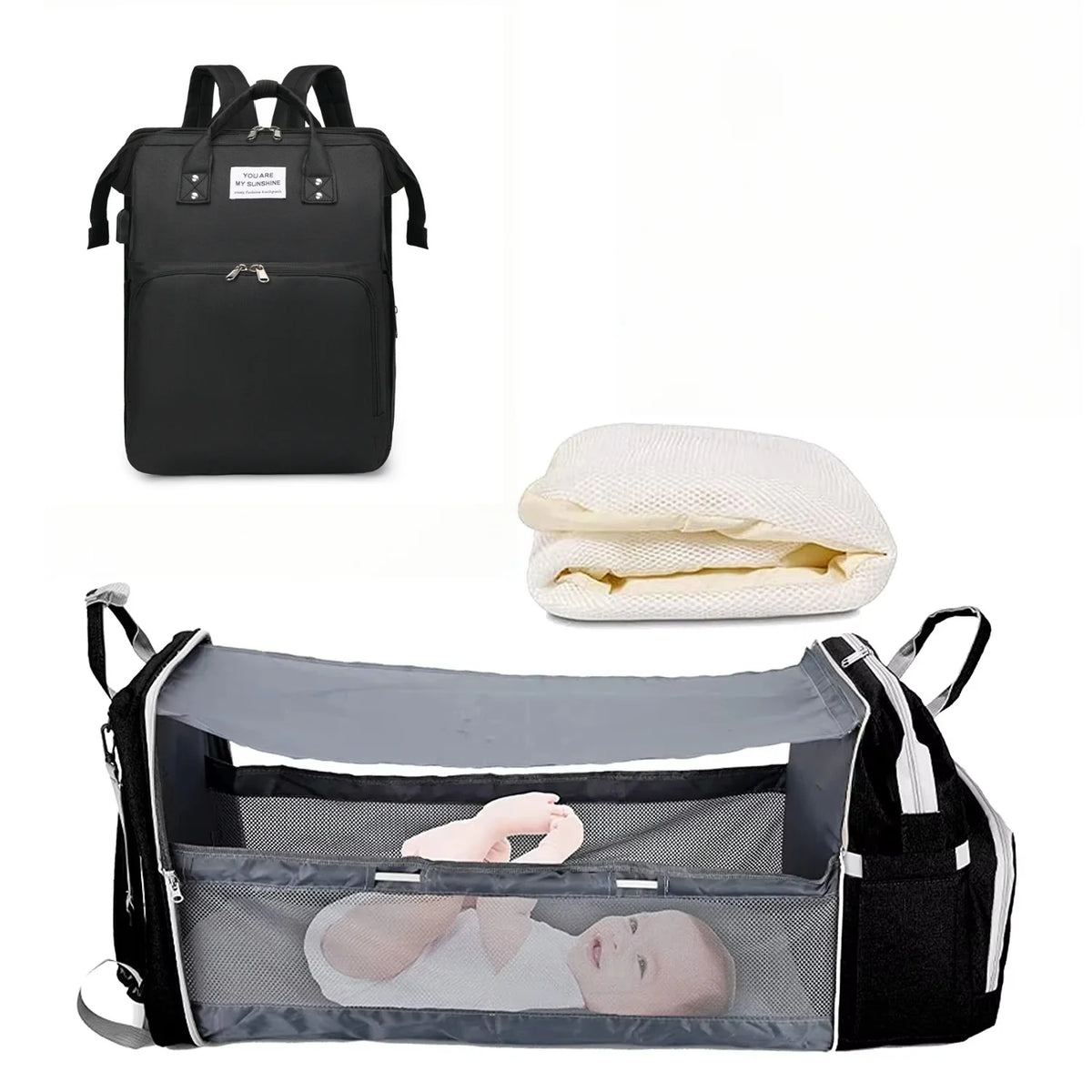 Foldable 3-in-1 Diaper Bag Backpack with USB Charge Waterproof Travel Bag Baby Bed And Changing Mat Included
