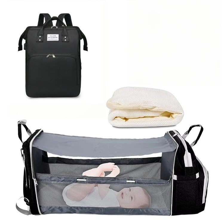 Foldable 3-in-1 Diaper Bag Backpack with USB Charge Waterproof Travel Bag Baby Bed And Changing Mat Included
