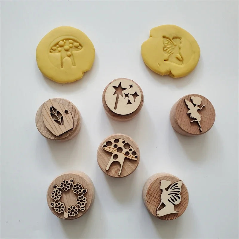 Kids Montessori Wooden Play Dough Stampers Tools Weather Insect Nature Stamps Playdough Fun Activity for Children Sensory Toys