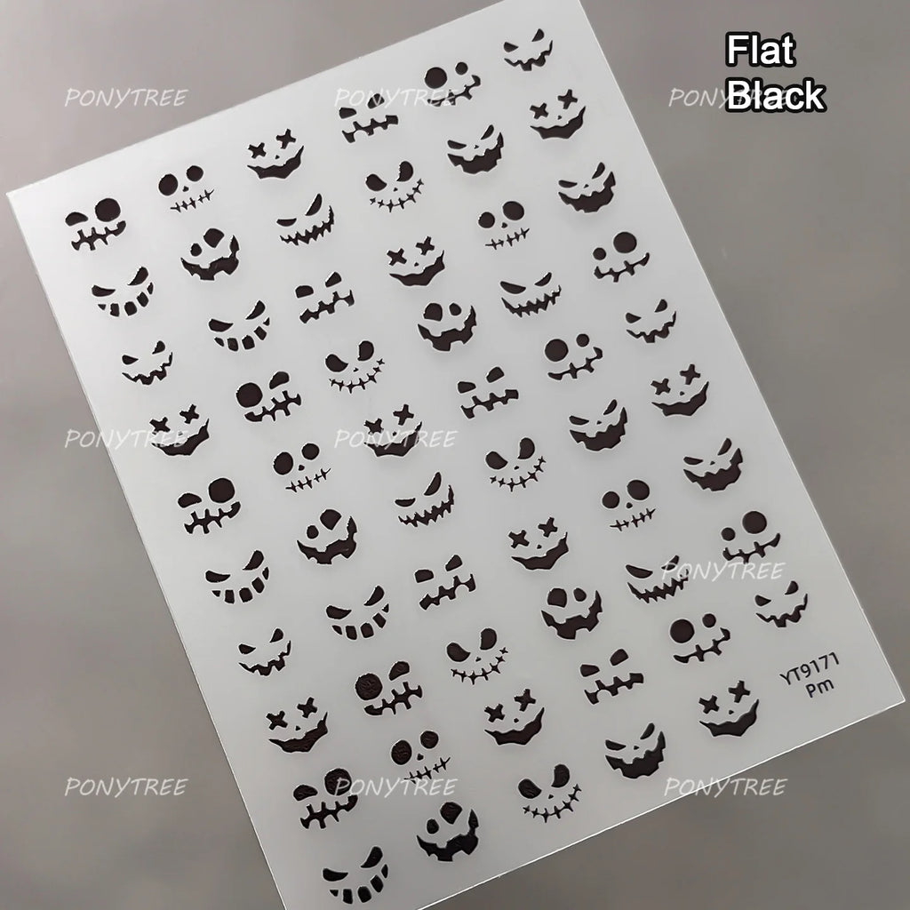 Wicked Pumpkin Expression Horror Face Dark Halloween Metallic Flat Cute Spooky Adhesive Nail Charms Art Sticker Manicure Decals