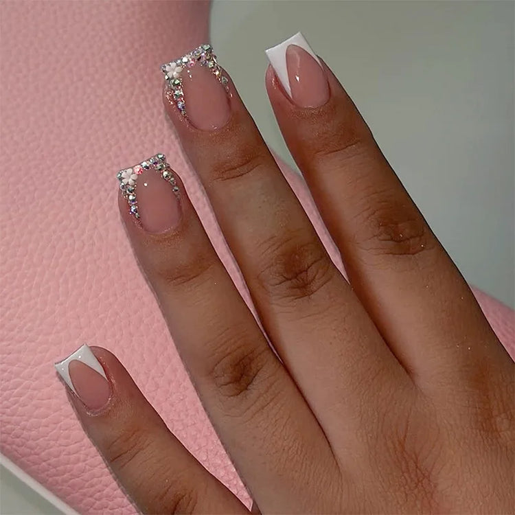 White French Press on Nails 3D Bowknot Fake Nails Tips Full Cover Wearable False Nails for Women and Girls DIY Manicure 24Pcs