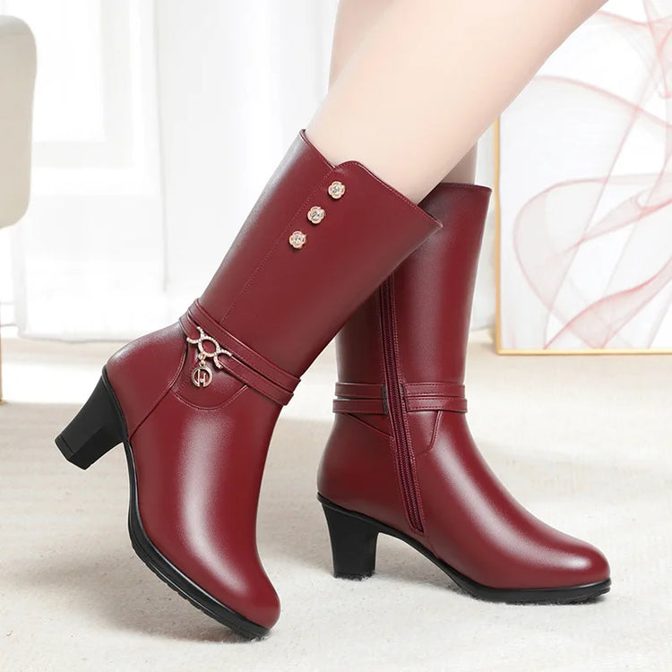 Women Winter Warm Mid Calf Boots Mum Cotton Shoes Metal Decoration Padded Soft Sole Solid Colour Side Zip Rhinestone Shoes