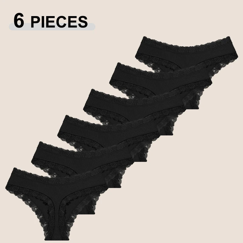 6Pcs/Set Cotton Patchwork Lace Panties Women Solid Color Breathable Low Waist G-strings Underwear Ladies Soft Comfortable Thongs