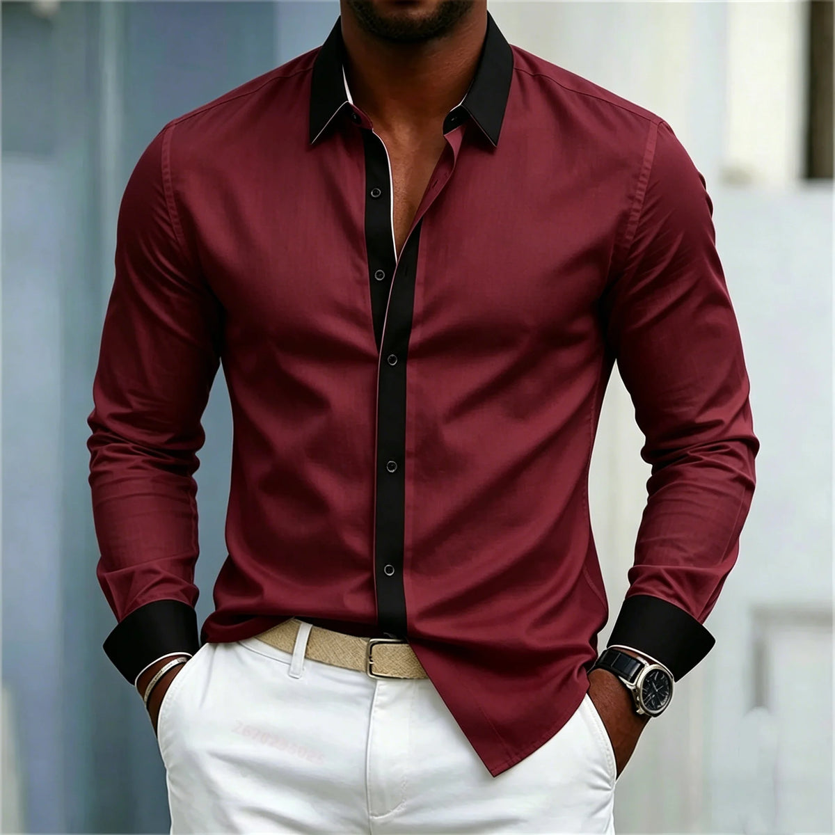 Men's Shirt Black And White Contrasting Splicing Men's Lapel Long Sleeved Shirt Slim Fit Business Casual Men's Top Size