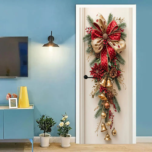 1 Christmas wall decoration - hanging decoration with red bells and green leaves - holiday room decoration, holiday design
