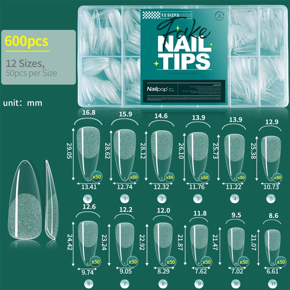 NAILPOP Soft Gel Nail Tips 600PCS Pre-Buff Full Cover Coffin Almond  Oval Shaped Nail Extenison Tips Half Matte Gel X Fake Nails