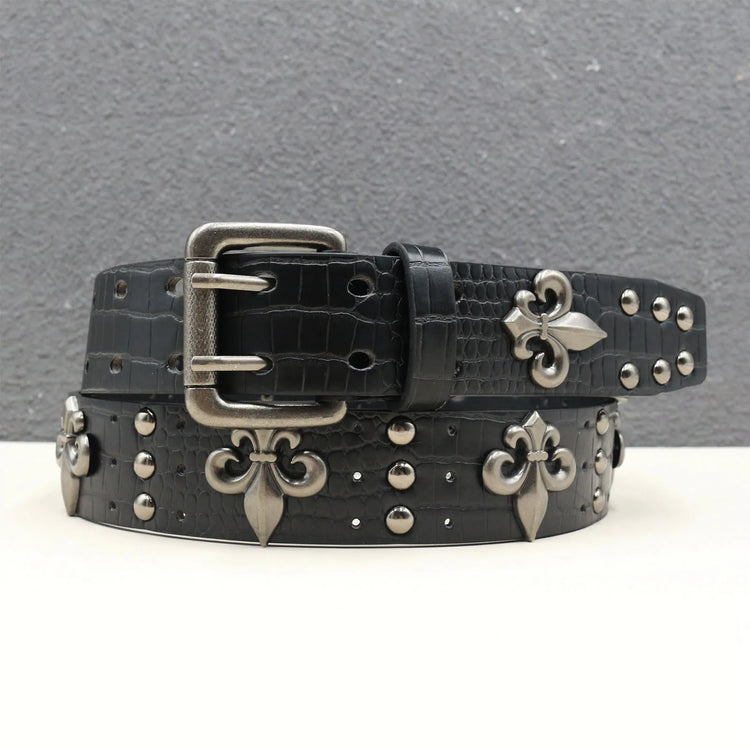 Double-needle buckle belt with heavy black crocodile pattern  Goth Skeleton Rivet Belt Trend Punk Hip-hop Belt Y2K Style Belt