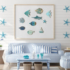 Handcrafted Wooden Ocean Wall Decor - Fish, Coral, Starfish & Sailboat Set for Home/Bathroom, Coastal Style Art