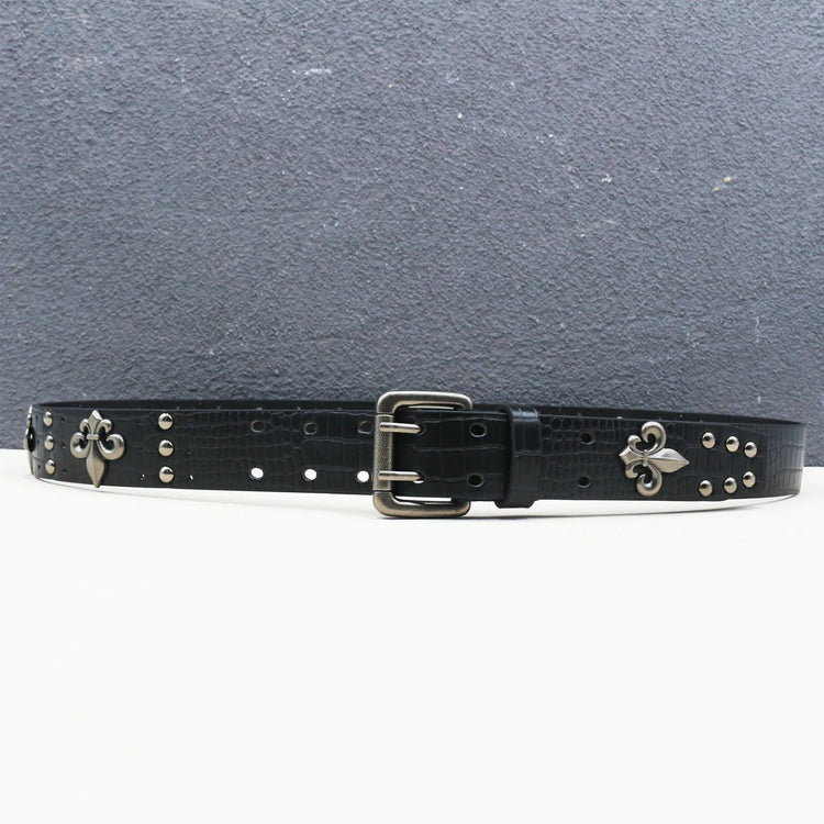 Double-needle buckle belt with heavy black crocodile pattern  Goth Skeleton Rivet Belt Trend Punk Hip-hop Belt Y2K Style Belt