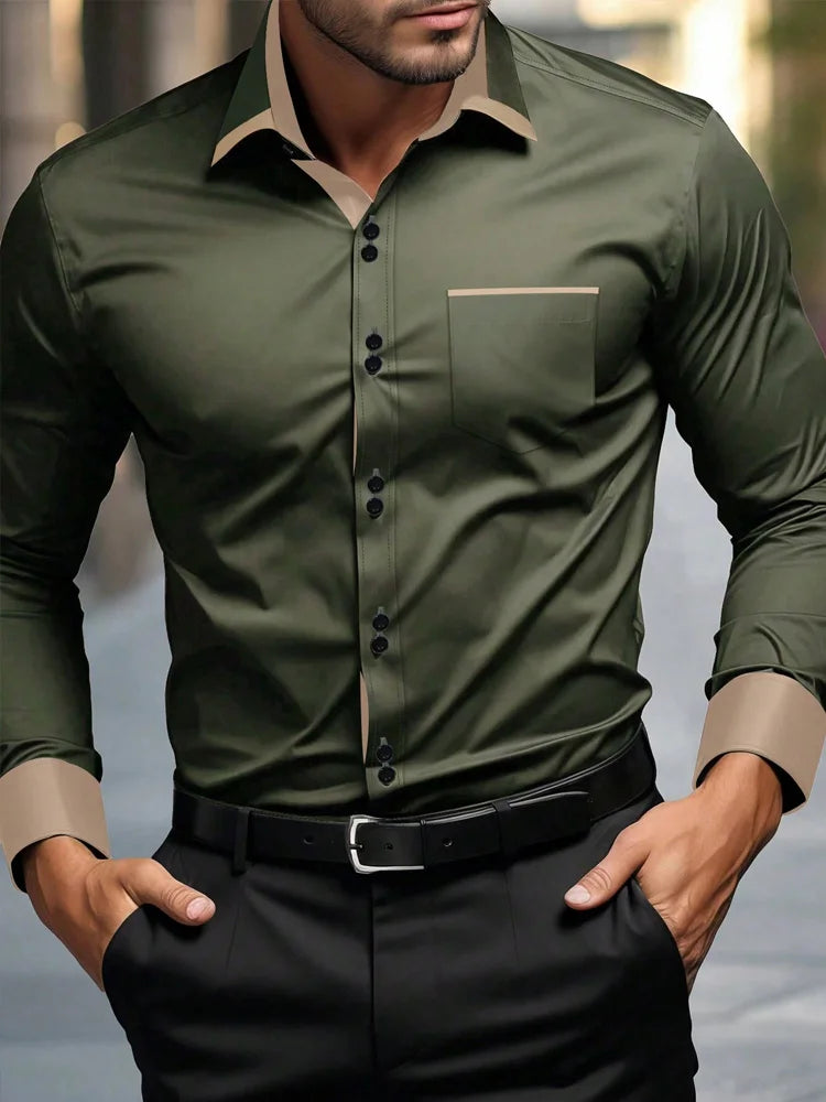 Men's Casual Business Long-sleeved Shirt, British Style Double Button Shirt, Slim Long-sleeved Lapel Shirt