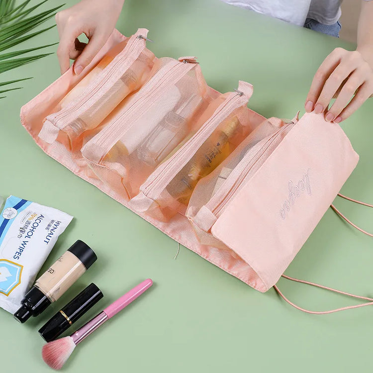 4-in-1 Removable Makeup Bag Foldable Travel Cosmetic Organizer Waterproof Nylon Multi Pocket Toiletry Storage Bag