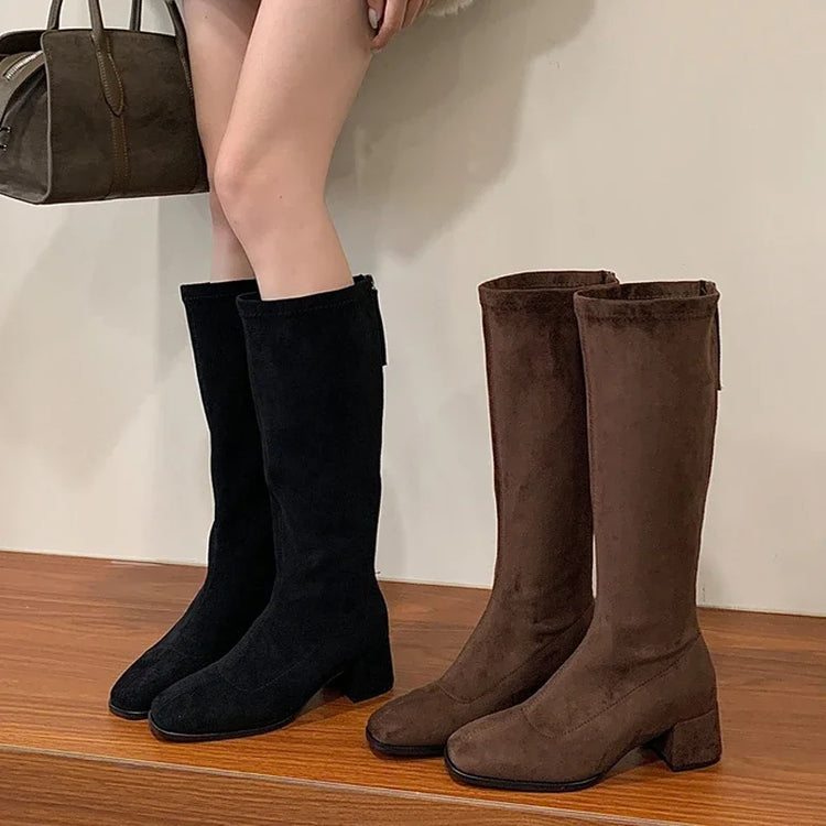 Eilyken High Quality Round Toe Women Knee-High Boots Fashion Square Heels Shoes Autumn Winter Long Zipper Booties