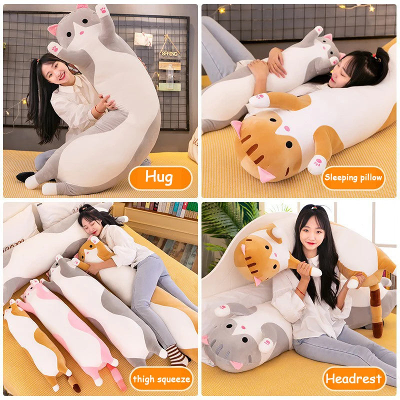 Cute Cat Plush Toy Long Pink Brown Grey Sleeping Cats Leg Pillow Squishy Little Animal Doll Appeasing Plushie Gift
