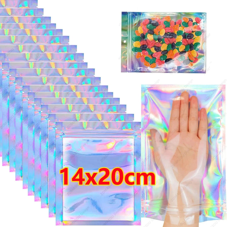 10-300PCS Laser Sealing Bags Plastic Holographic Candy Food Pouch Resealable Necklace Jewelry Gift Packaging Kitchen Storage Bag