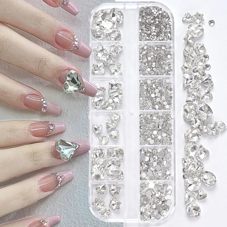 12 Grids 3D Champagne Nail Art Rhinestones Mixed Round,Fat Square,Heart,Butterfly Glass Diamond Nail Charms DIY Manicure Decor *