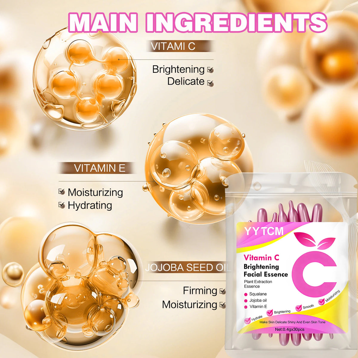 Vitamin C Skin-Brightening and Moisturizing Capsule Essence, Hydrates and Smooths Skin, Contains Plant Squalane, Vitamin E, Magnolia Oil, Jojoba Seed Oil, Deeply Hydrates and Brightens Skin Essence (0.4Gx30 Capsules)/Bag-1 Ba